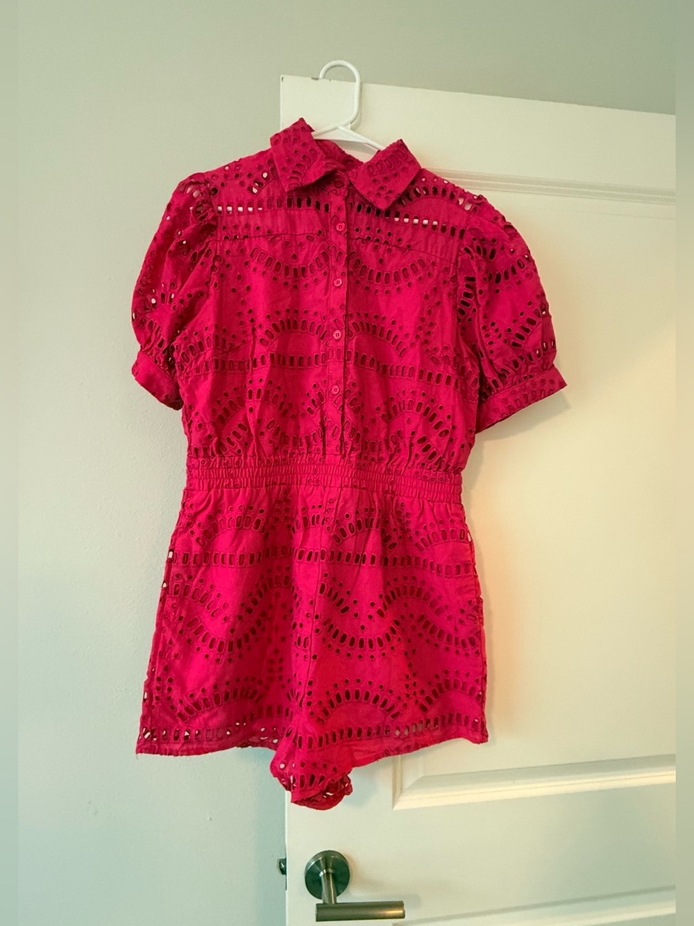 Main Strip Bright Pink Eyelet Button Romper